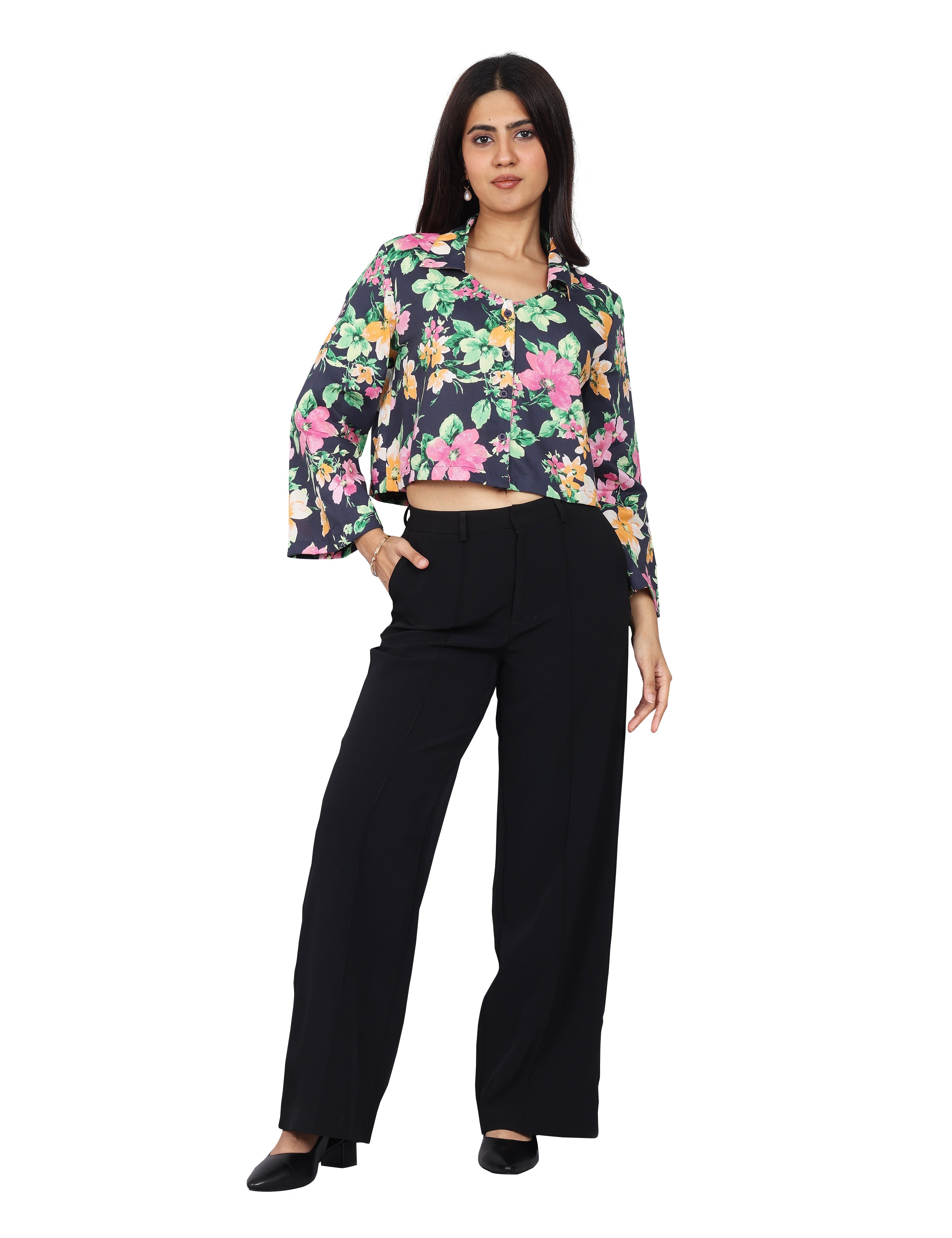 Women’s Navy Green Printed Relaxed Fit Collared Top