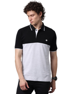 Men's Black/Grey Short Sleeve Polo T-Shirt with Contrast Stripes, Cut and Sew