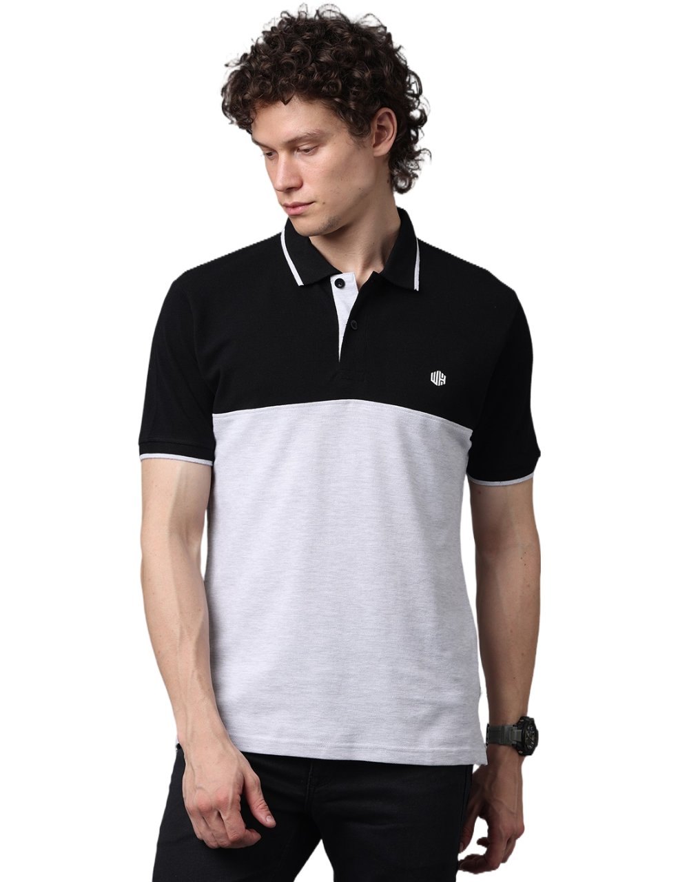 Men's Black/Grey Short Sleeve Polo T-Shirt with Contrast Stripes, Cut and Sew