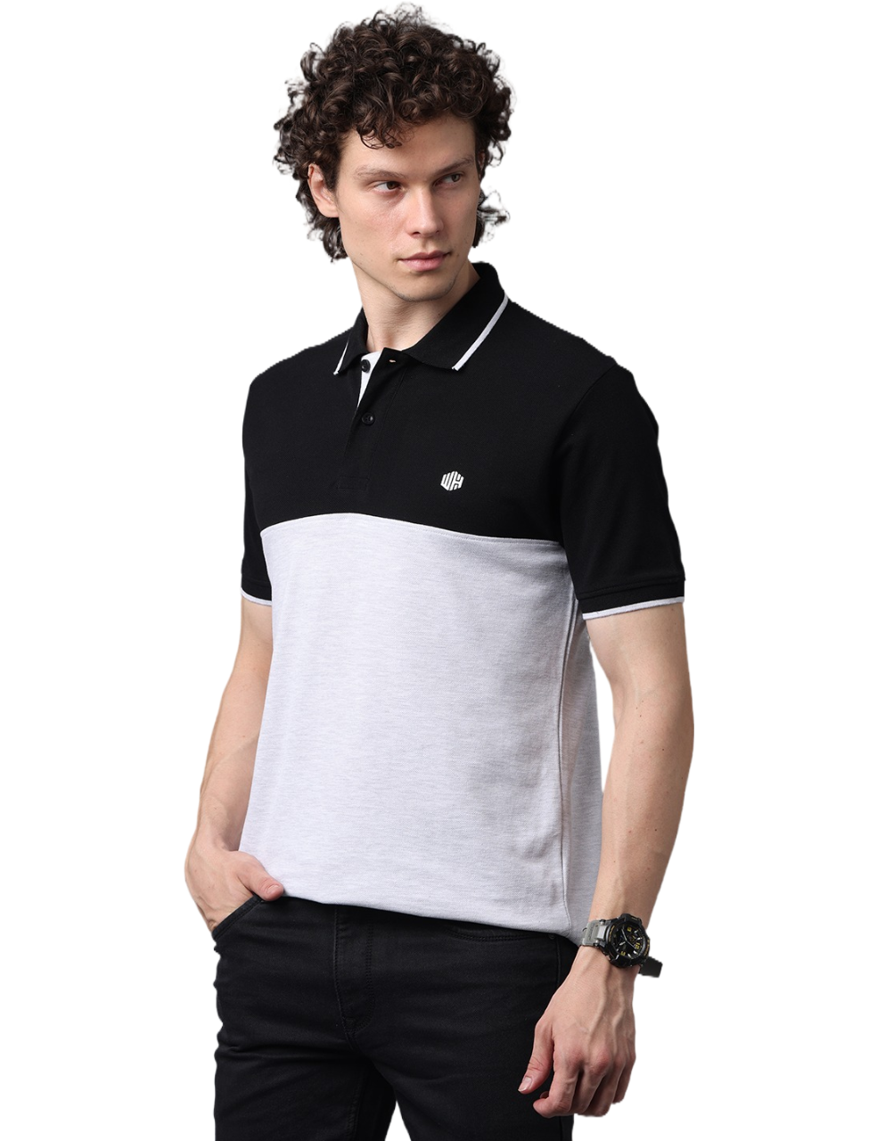 Men's Black/Grey Short Sleeve Polo T-Shirt with Contrast Stripes, Cut and Sew