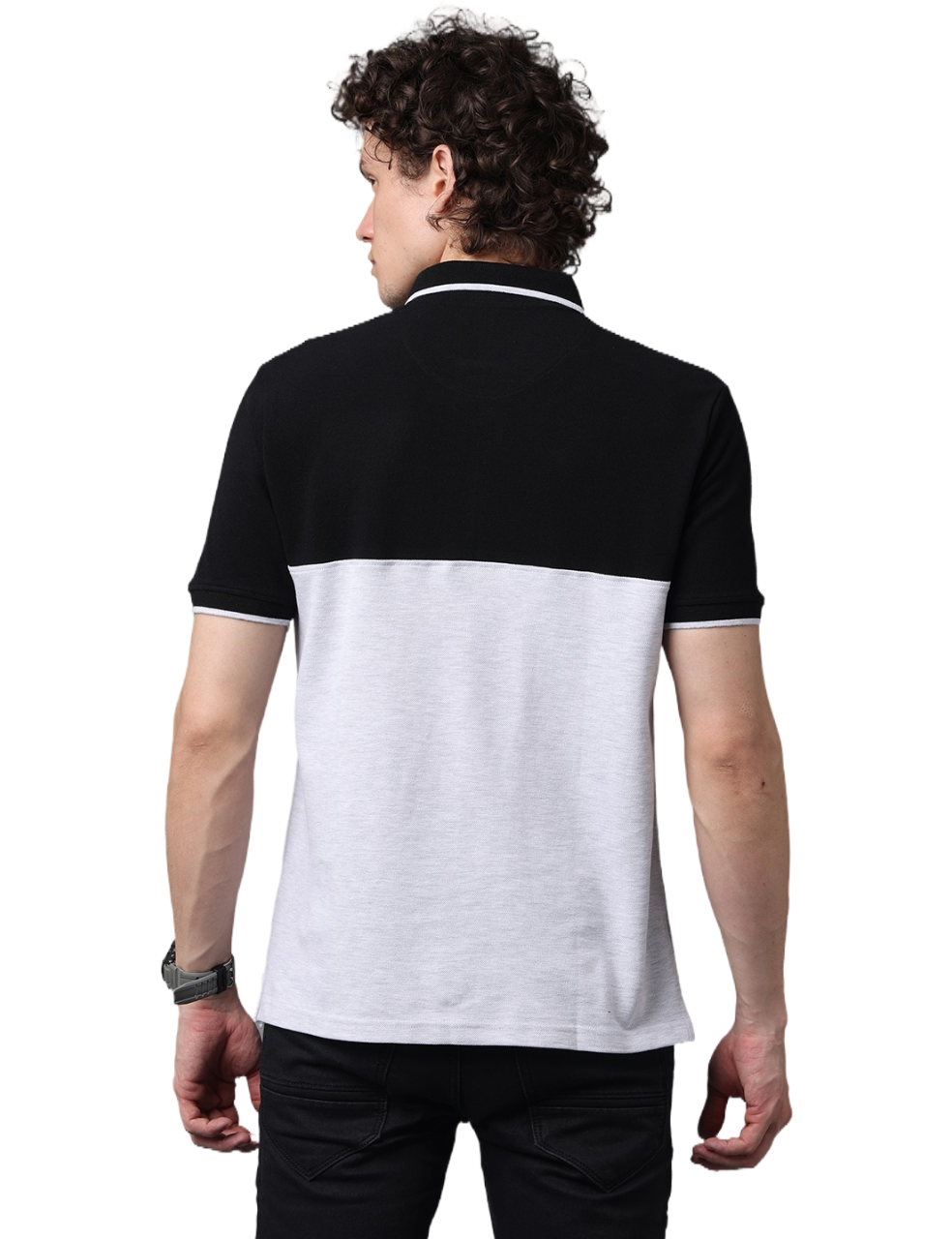 Men's Black/Grey Short Sleeve Polo T-Shirt with Contrast Stripes, Cut and Sew