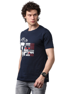 Men's Navy Blue Printed Round Neck T-Shirt