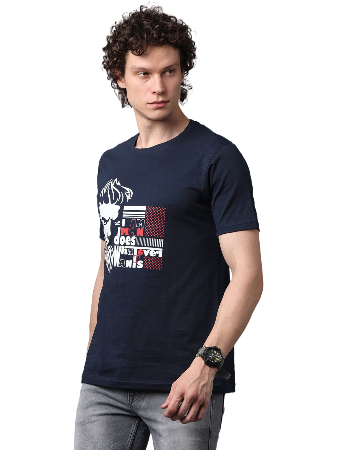 Men's Navy Blue Printed Round Neck T-Shirt