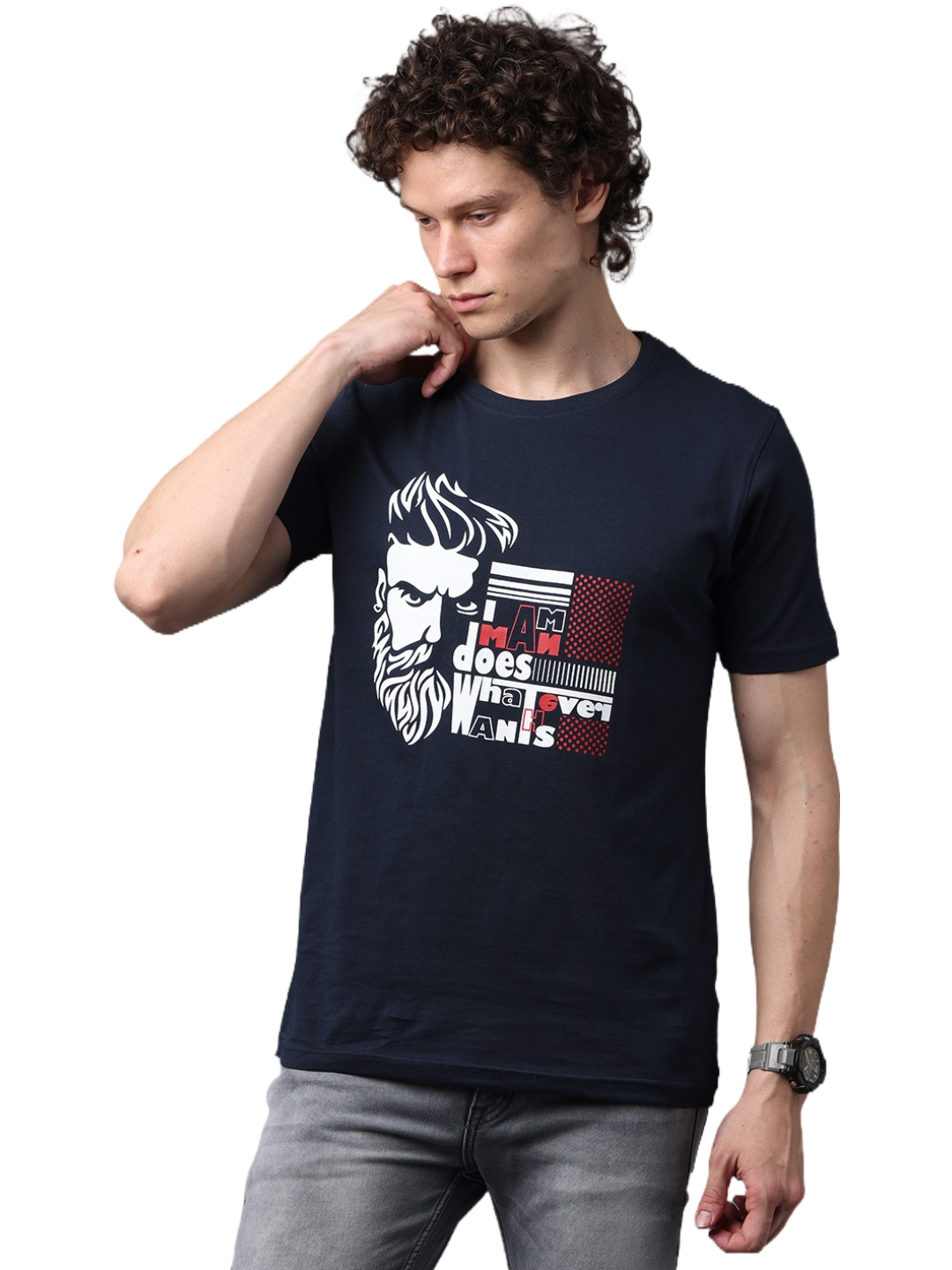 Men's Navy Blue Printed Round Neck T-Shirt