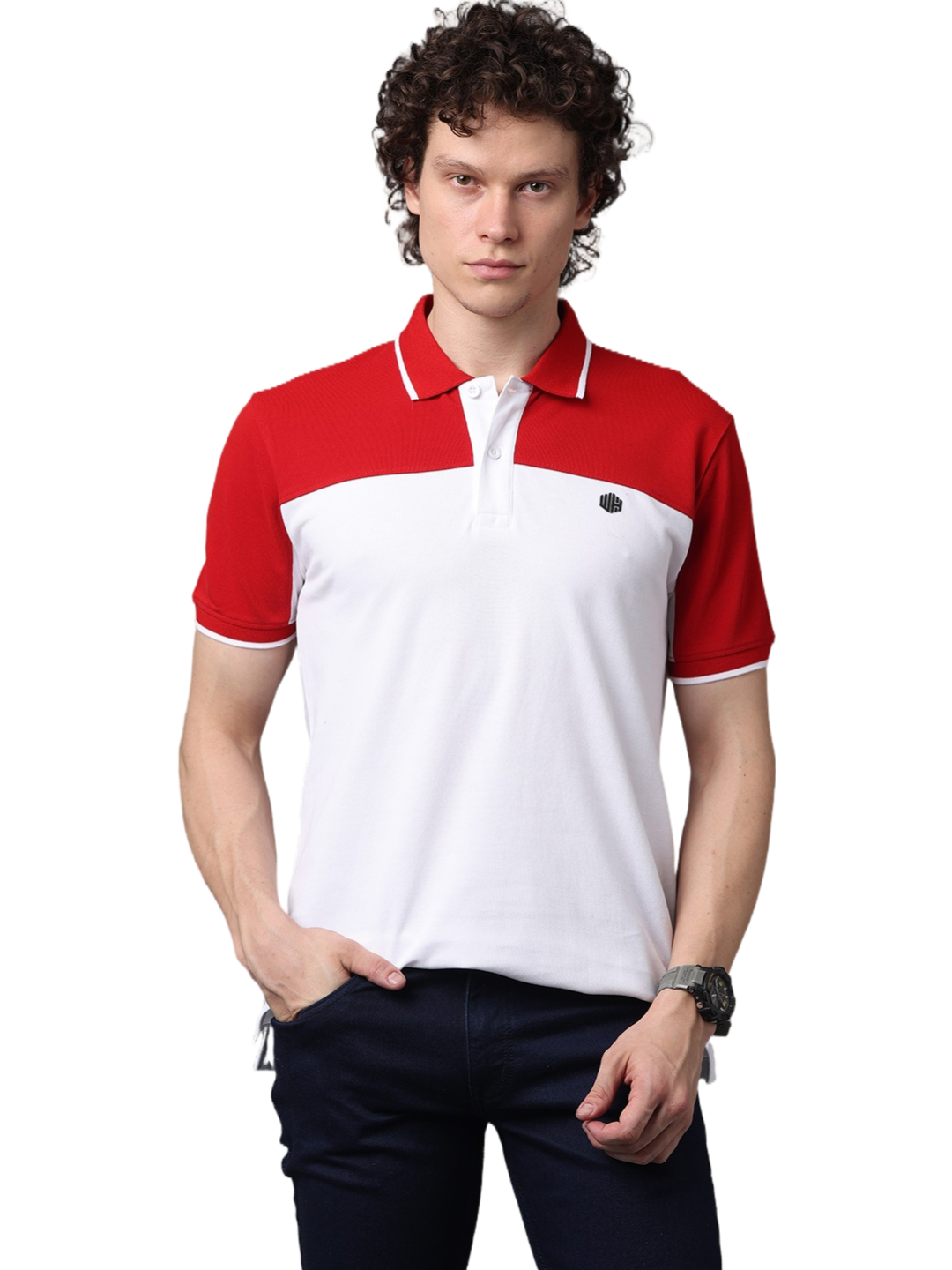Men's Short Sleeve Cut and Sew Polo T-Shirt, Red and White