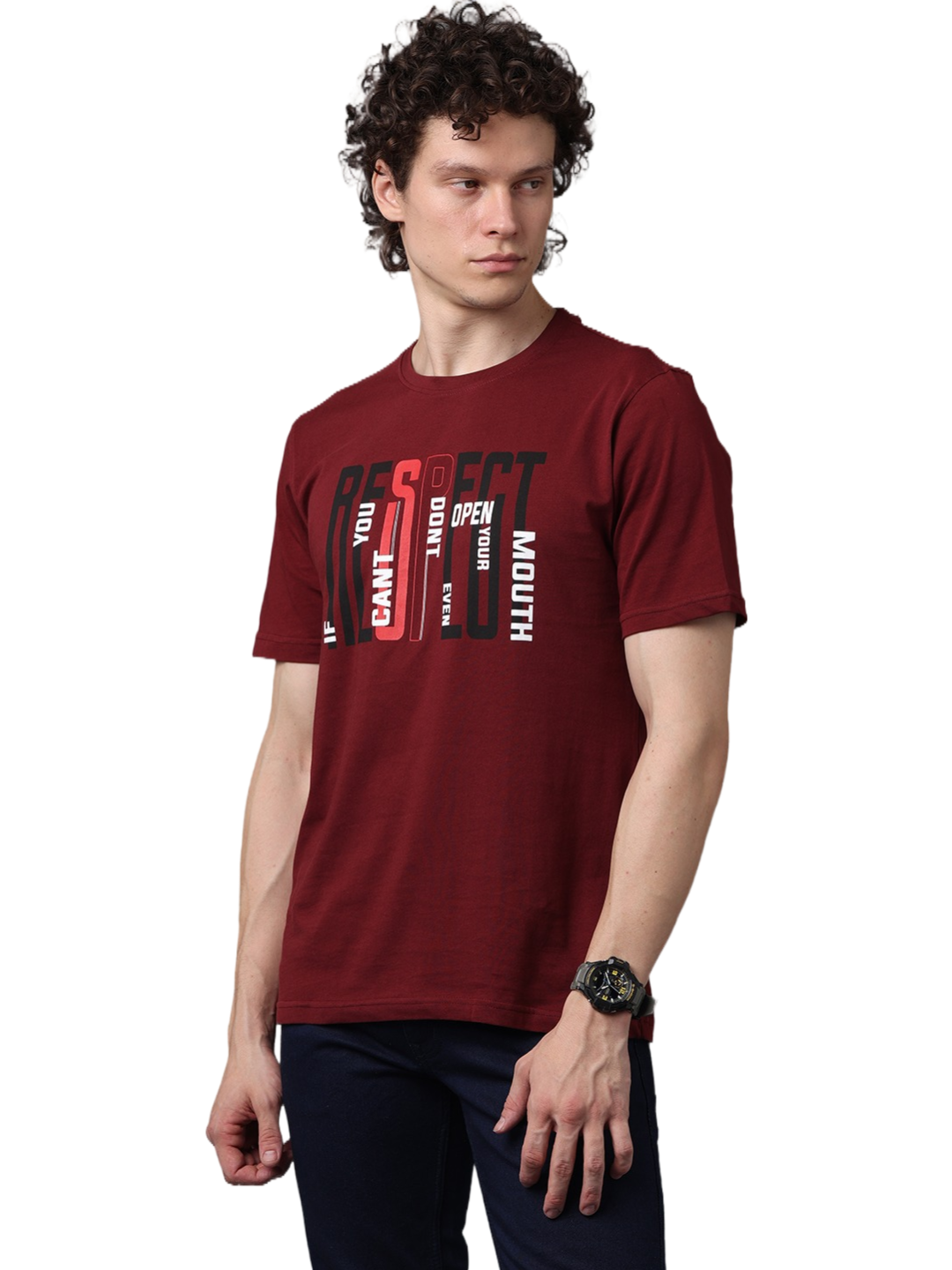 Men's Printed Round Neck Maroon T-Shirt