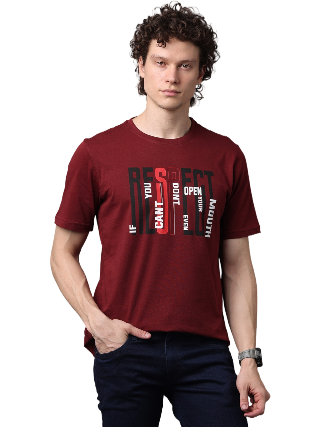 Men's Printed Round Neck Maroon T-Shirt