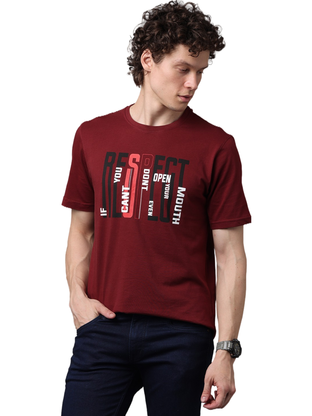 Men's Printed Round Neck Maroon T-Shirt
