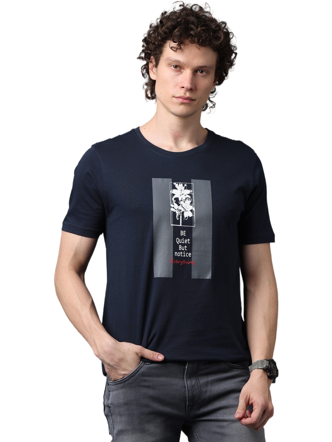 Men's Navy Blue Printed Round Neck T-Shirt