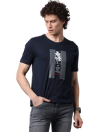 Men's Navy Blue Printed Round Neck T-Shirt