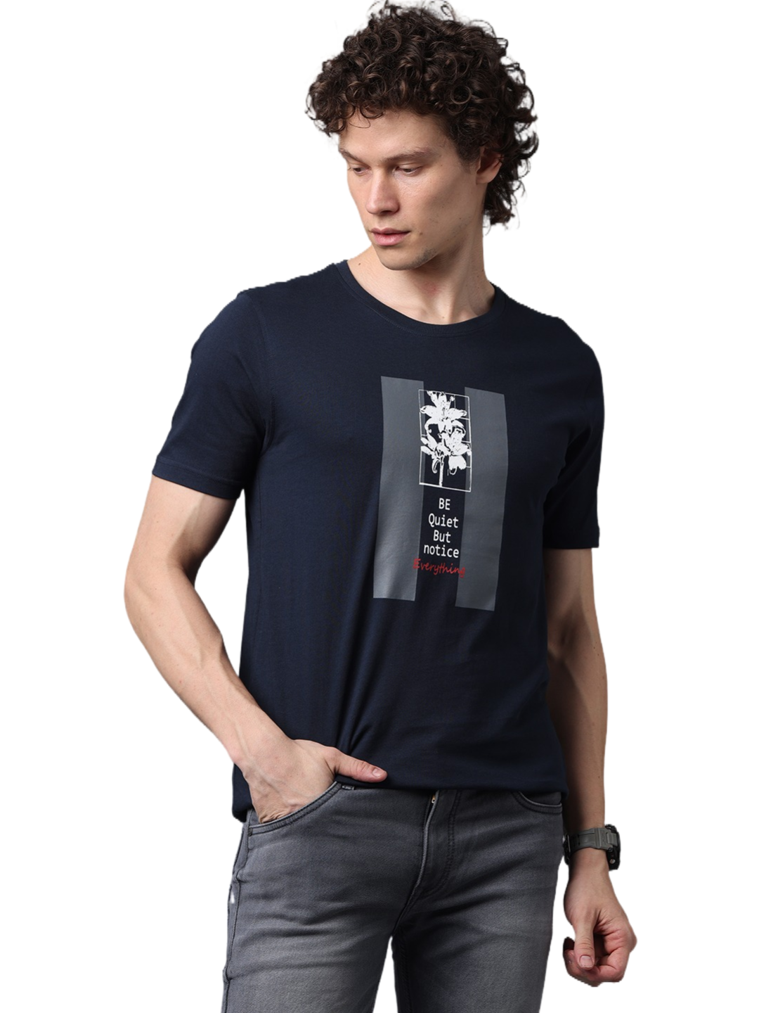 Men's Navy Blue Printed Round Neck T-Shirt