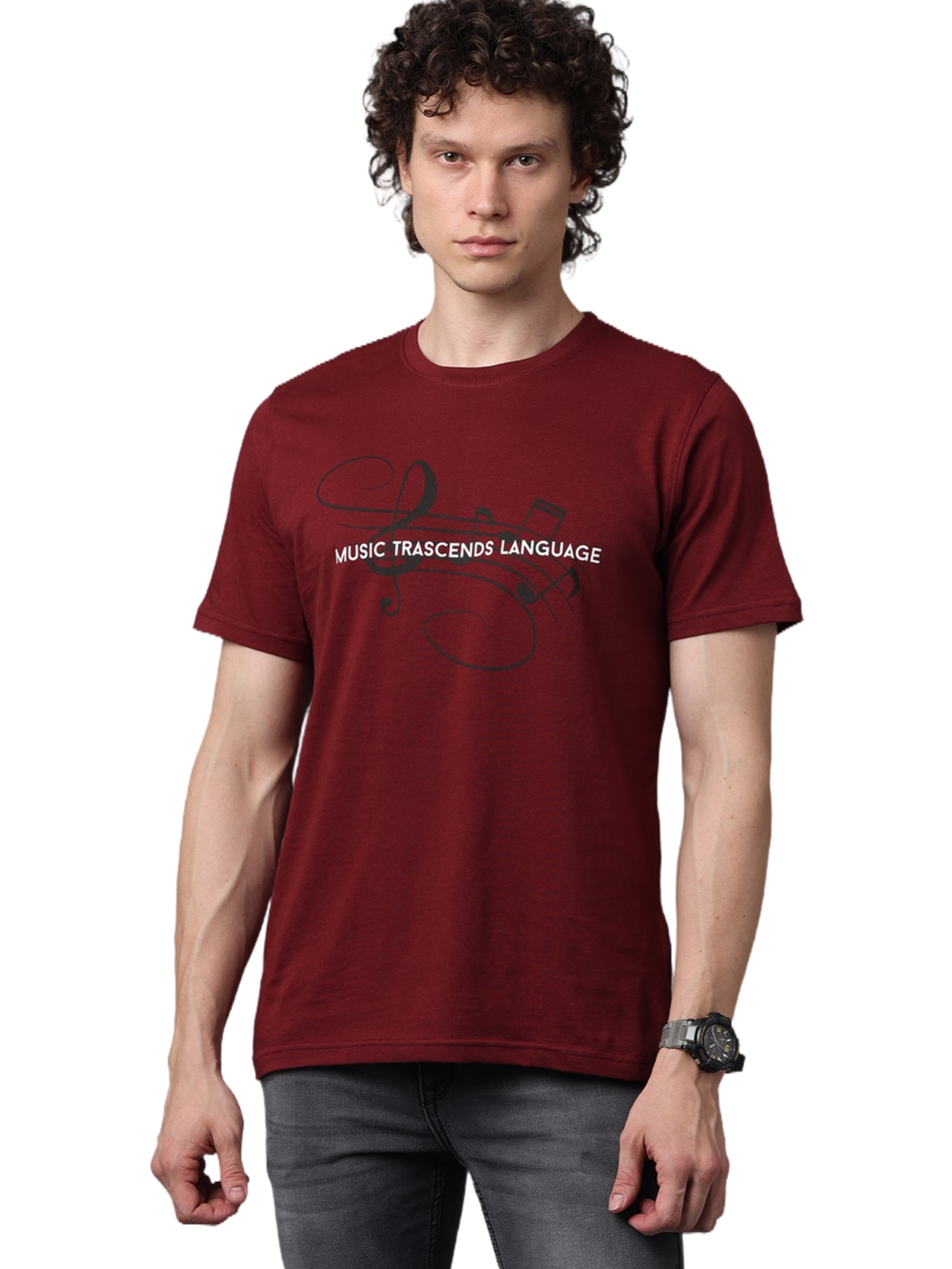 Men's Maroon Printed Round Neck T-Shirt