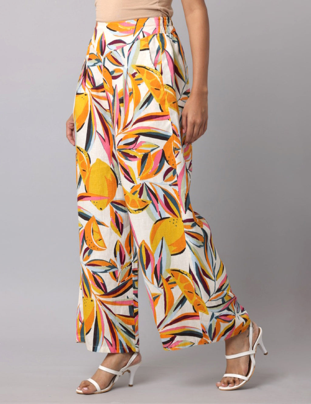 Women's Orange & White Printed Linen Palazzo
