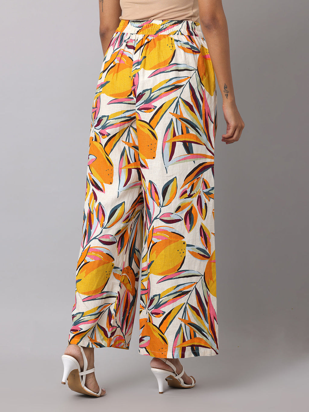 Women's Orange & White Printed Linen Palazzo