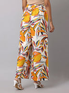 Women's Orange & White Printed Linen Palazzo