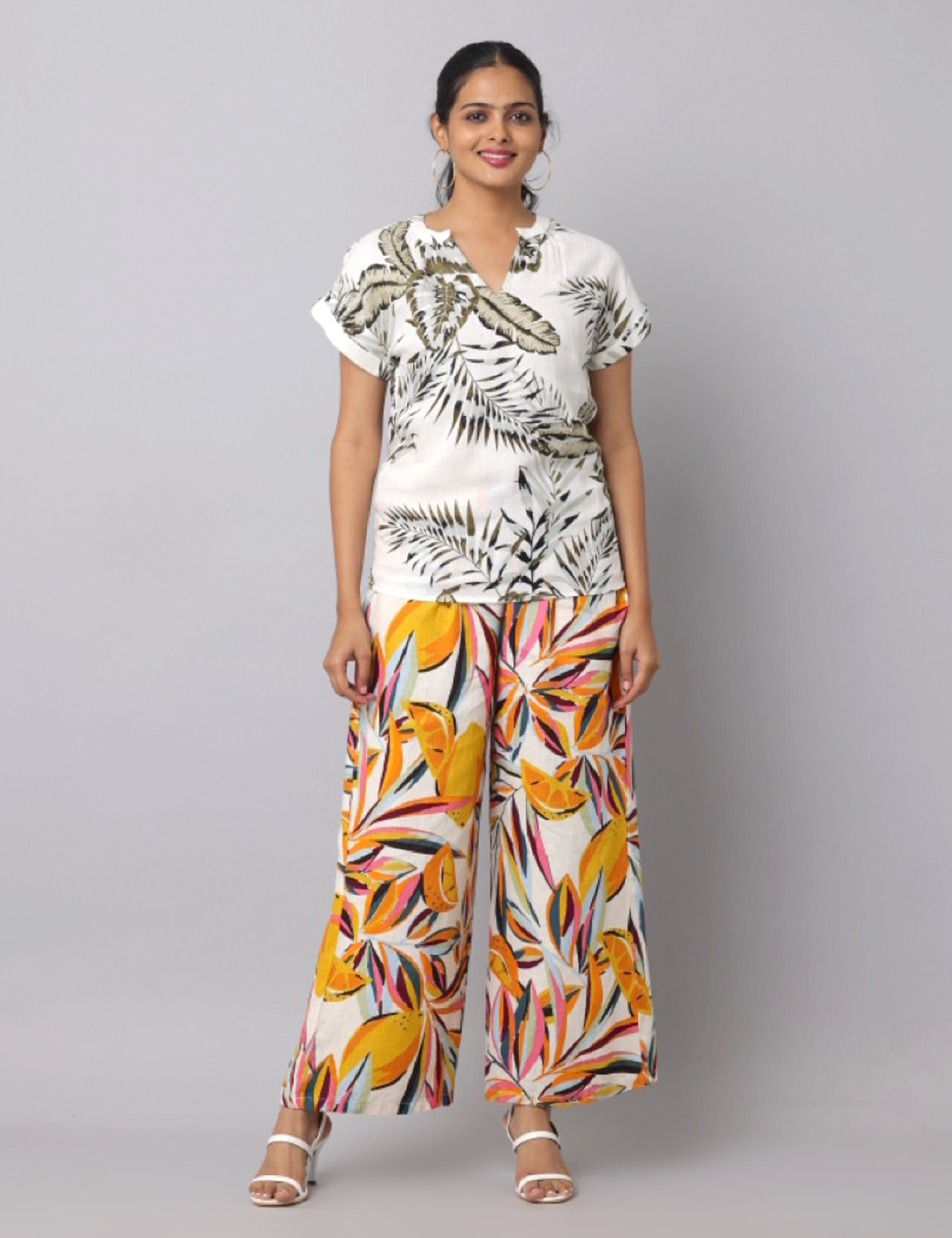 Women's Orange & White Printed Linen Palazzo