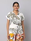 Women's Off White & Grey Tropical Print Linen Top
