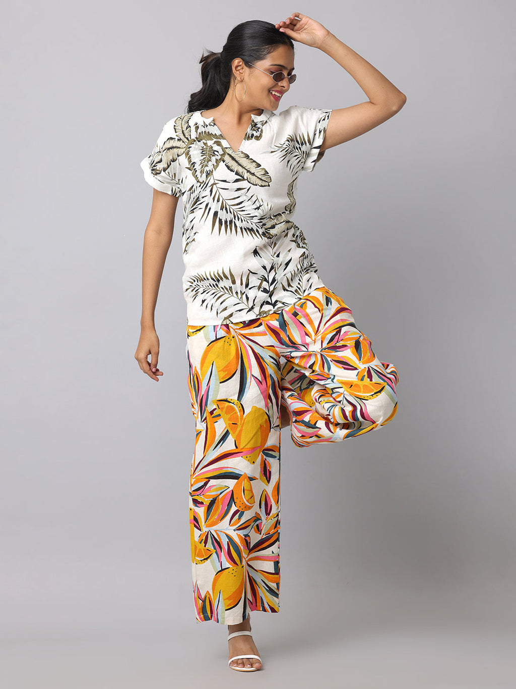 Women's Orange & White Printed Linen Palazzo
