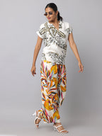 Women's Off White & Grey Tropical Print Linen Top