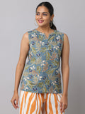 Women's Tropical Print Sleeveless Linen Top