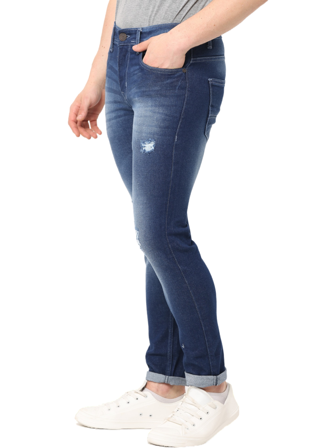 Men's Dark Blue Stone Wash Distressed Denim Jeans