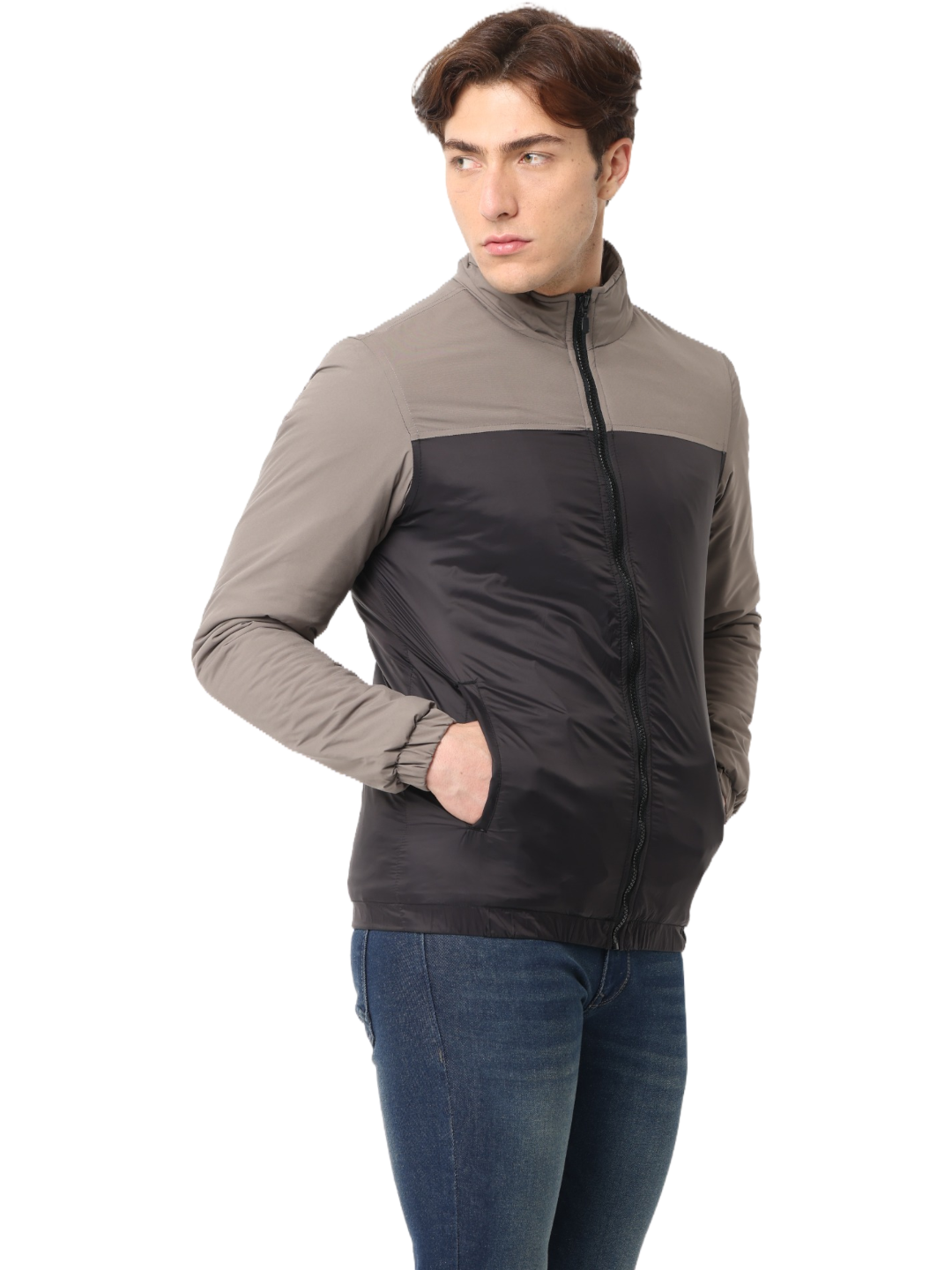 Men's Slim Fit Cut & Sew Full Sleeve Poly Fill Jacket, Black Grey