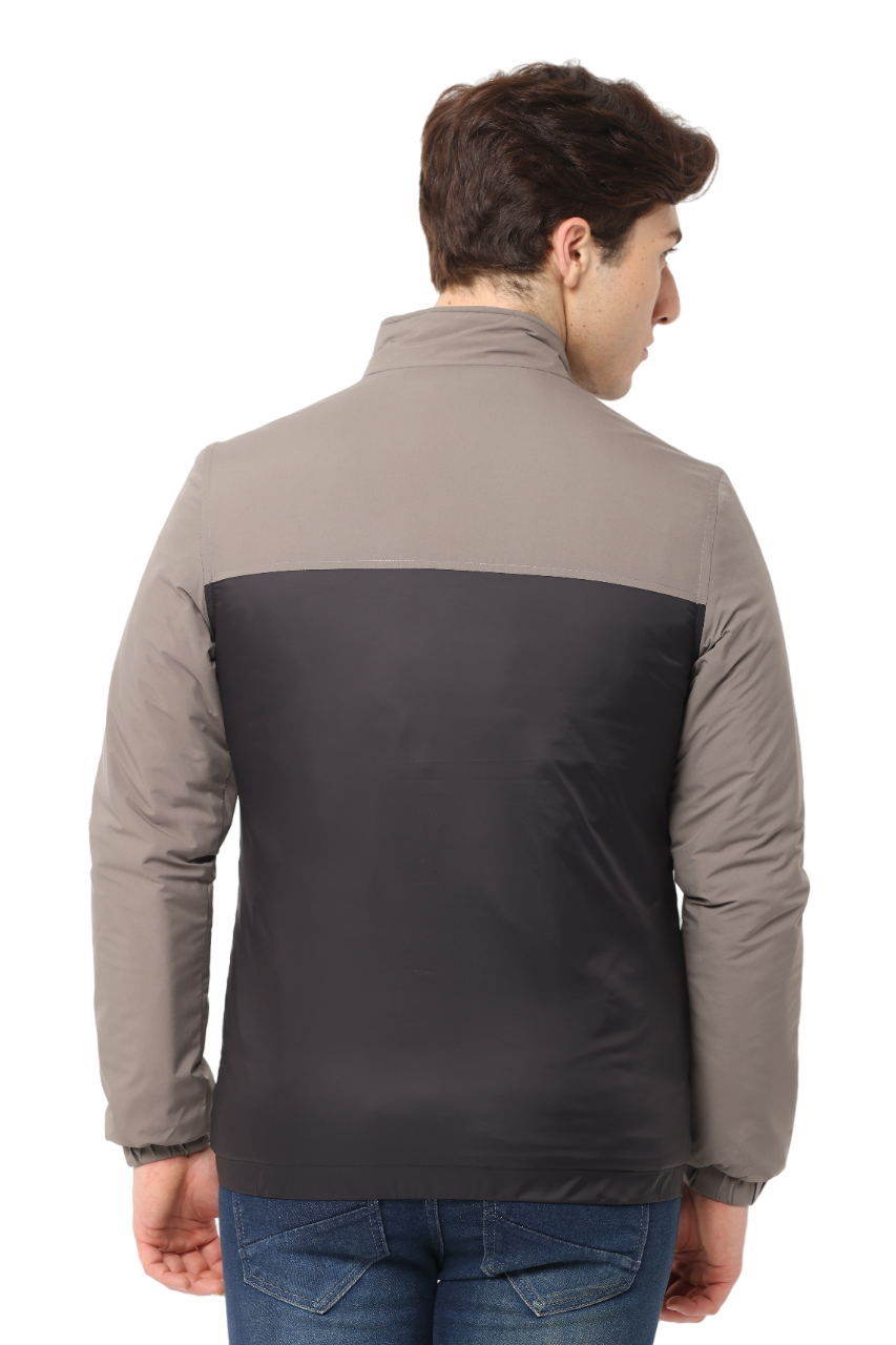 Men's Slim Fit Cut & Sew Full Sleeve Poly Fill Jacket, Black Grey