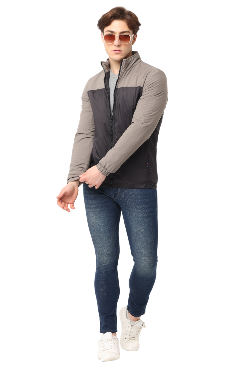 Men's Slim Fit Cut & Sew Full Sleeve Poly Fill Jacket, Black Grey