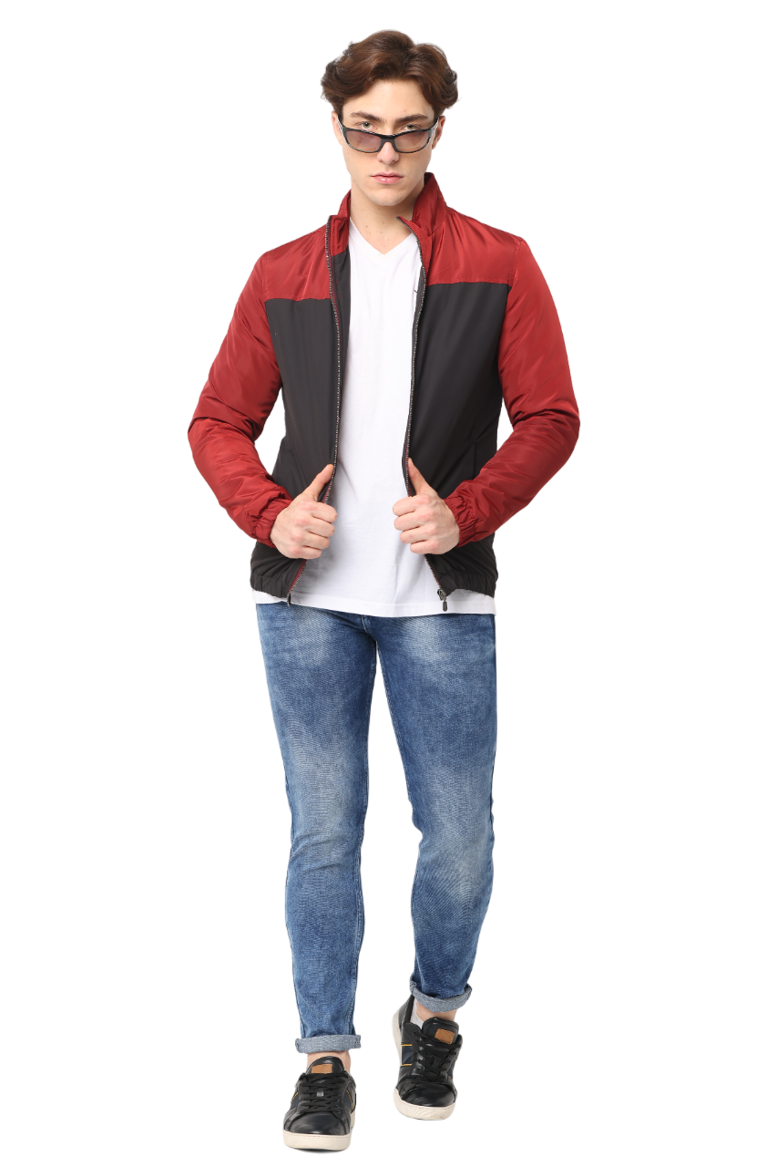 Men's Slim fit Cut & Sew Full Sleeve Poly Fill Jacket, Black Red