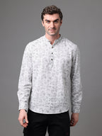 Men's Off White and Grey Cotton Linen Slim Fit Kurta Shirt
