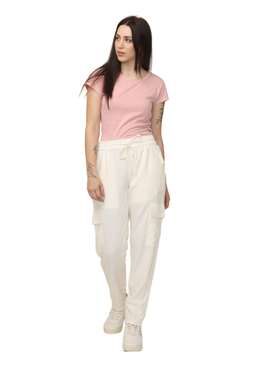 Women's Off White Cotton Linen Cargo Pants with Pockets