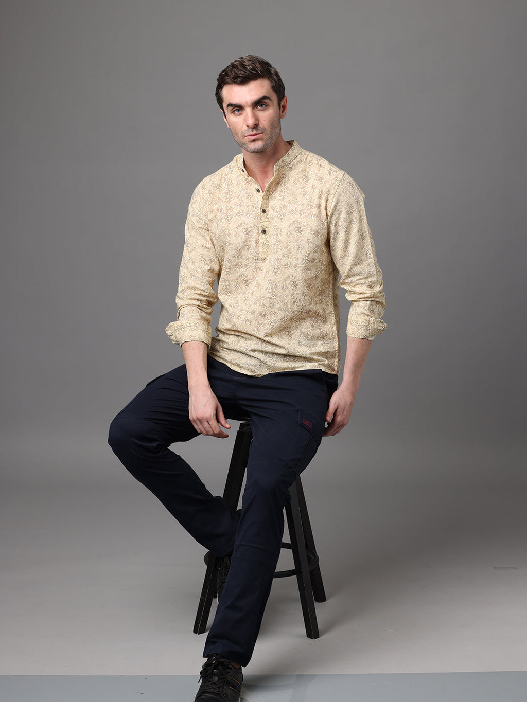 Men's Light Yellow Cotton Linen Slim Fit Kurta Shirt