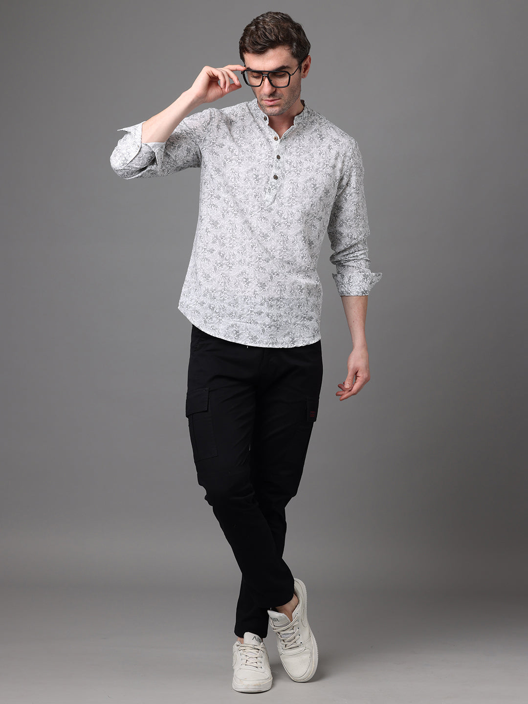 Men's Off White and Grey Cotton Linen Slim Fit Kurta Shirt