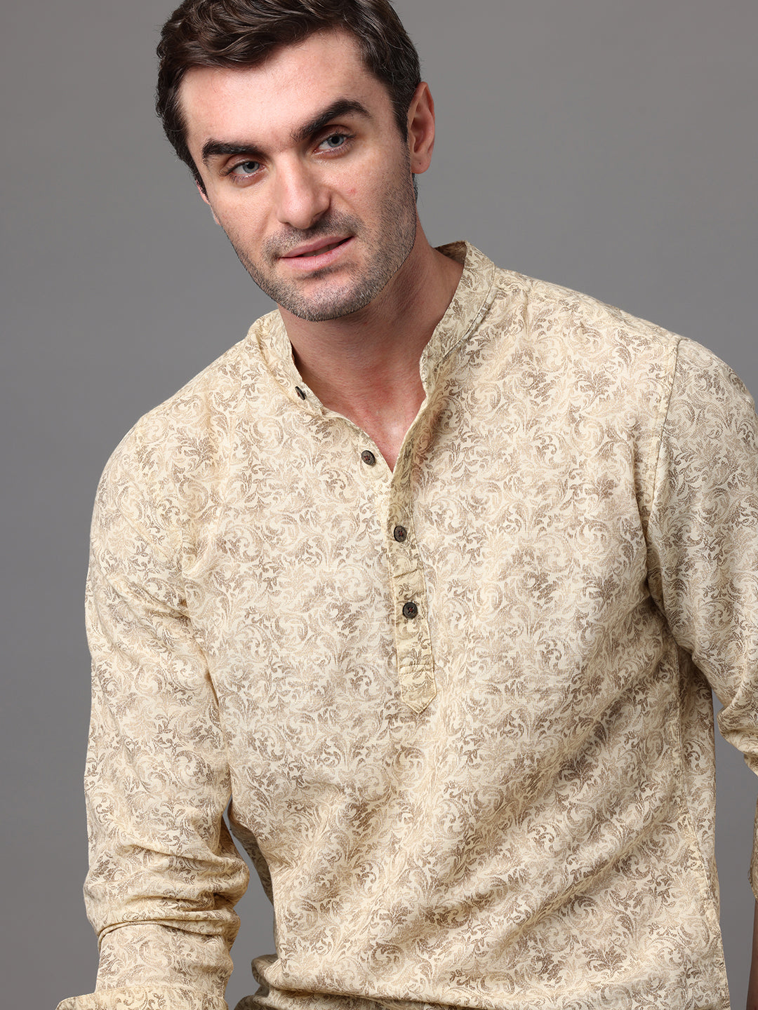Men's Light Yellow Cotton Linen Slim Fit Kurta Shirt