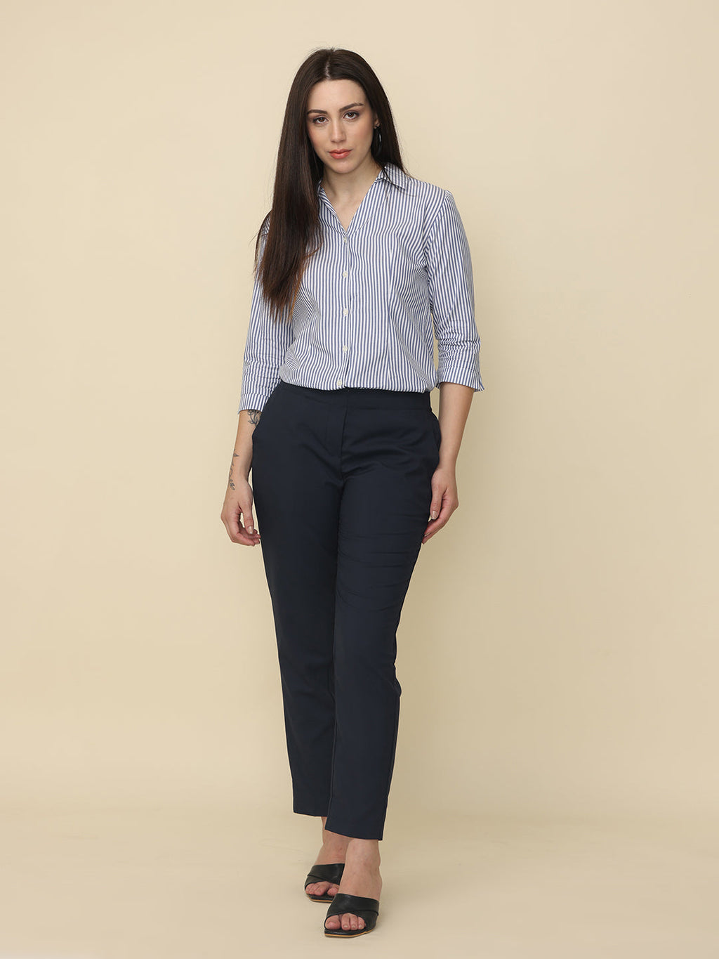 Women's Navy Blue Striped Slim Fit Shirt