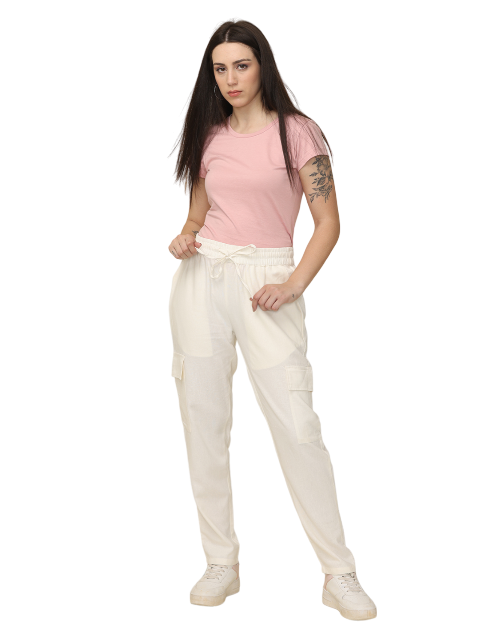 Women's Off White Cotton Linen Cargo Pants with Pockets