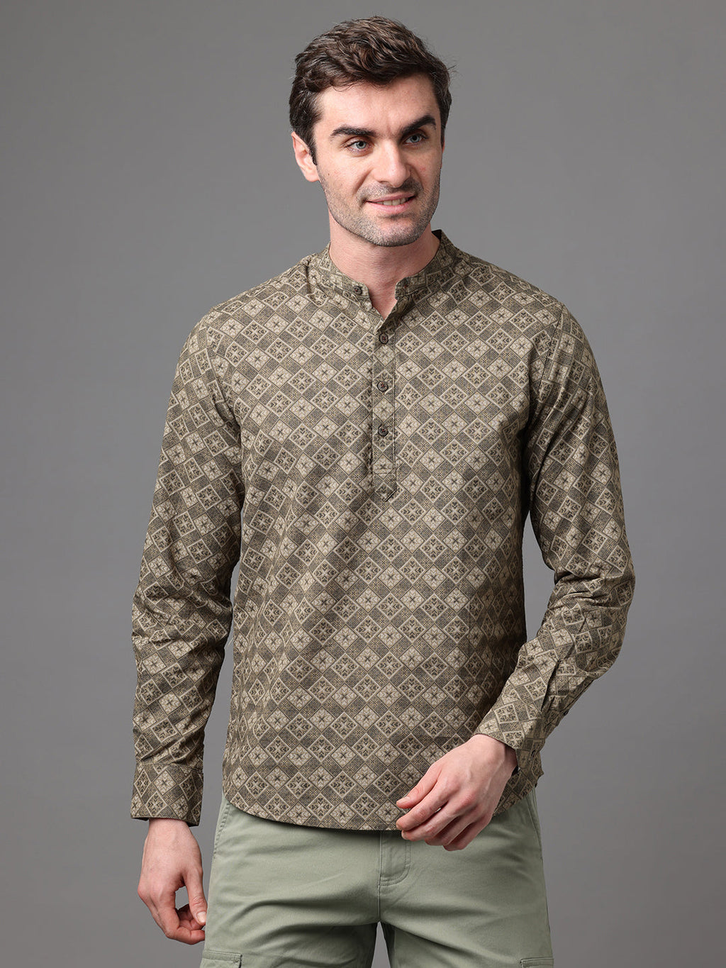 Men's Olive Cotton Linen Slim Fit Kurta Shirt