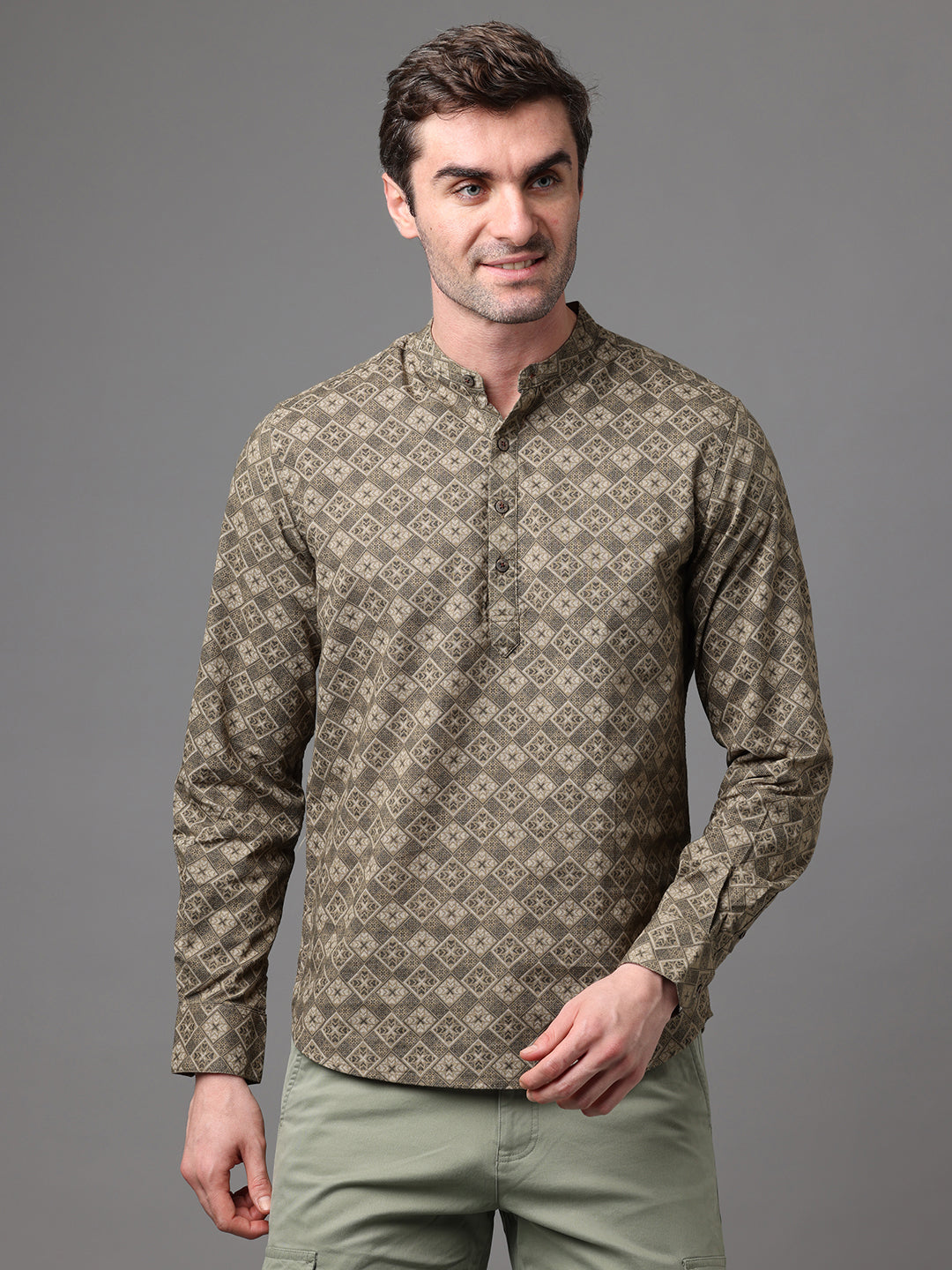 Men's Olive Cotton Linen Slim Fit Kurta Shirt
