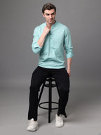 Men's Blue Cotton Linen Slim Fit Kurta Shirt