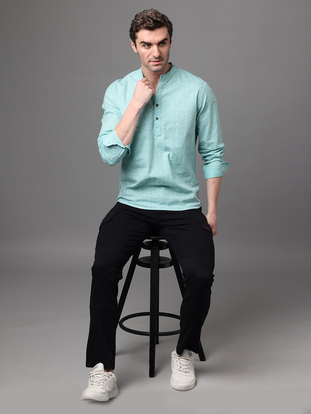 Men's Blue Cotton Linen Slim Fit Kurta Shirt