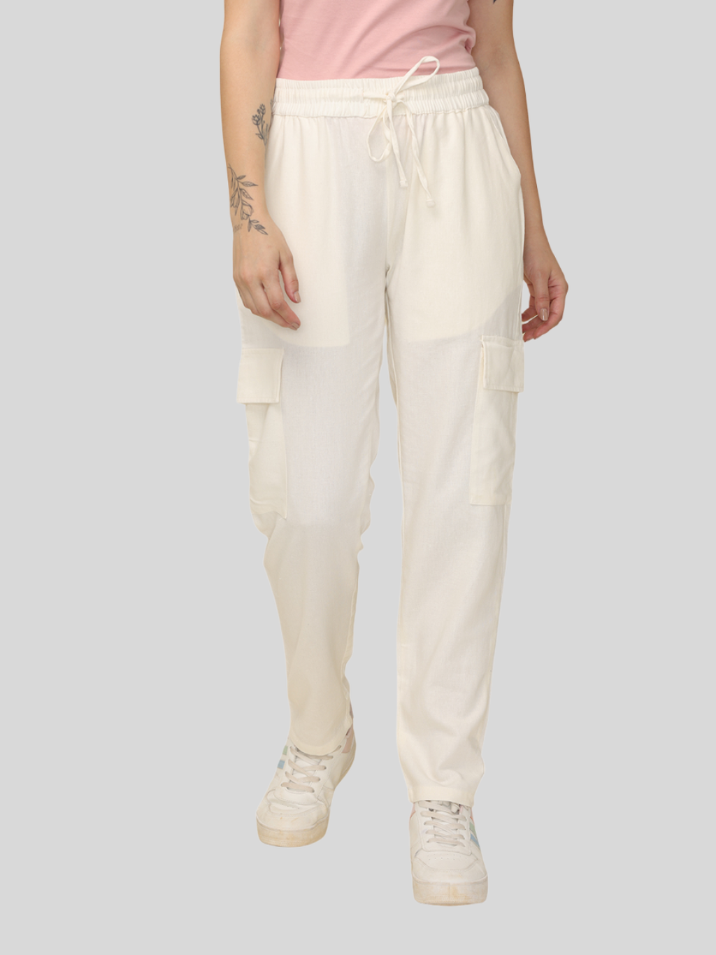 Women's Off White Cotton Linen Cargo Pants with Pockets