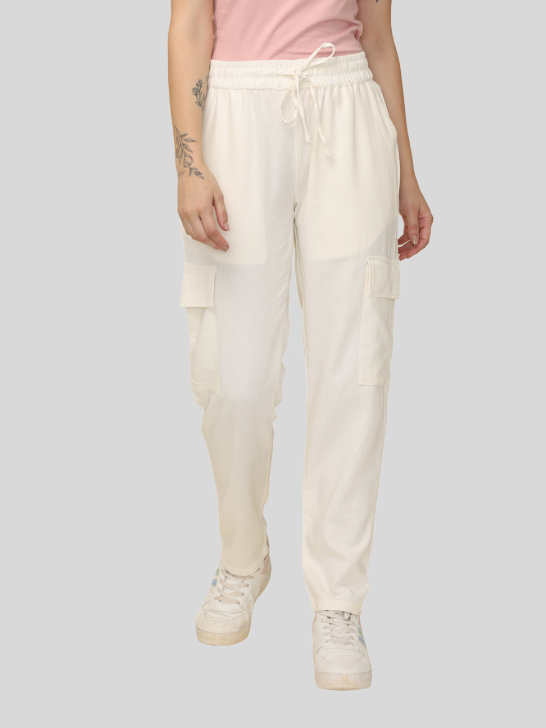 Women's Off White Cotton Linen Cargo Pants with Pockets