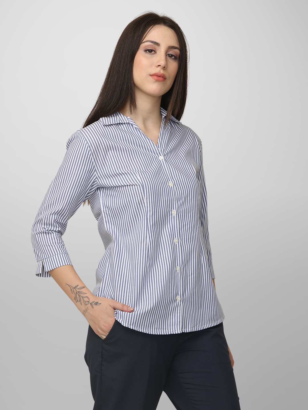 Women's Navy Blue Striped Slim Fit Shirt