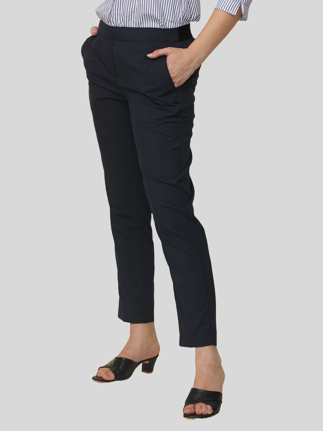 Women's Black Checked Elasticated Slim Fit Formal Trouser