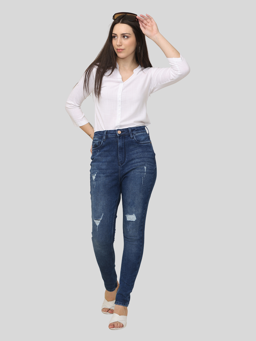 Women's Skinny Fit High Rise Distressed Jeans Trouser, Dark Blue