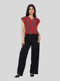 Women’s Red Checks Regular Fit V-Neck Top