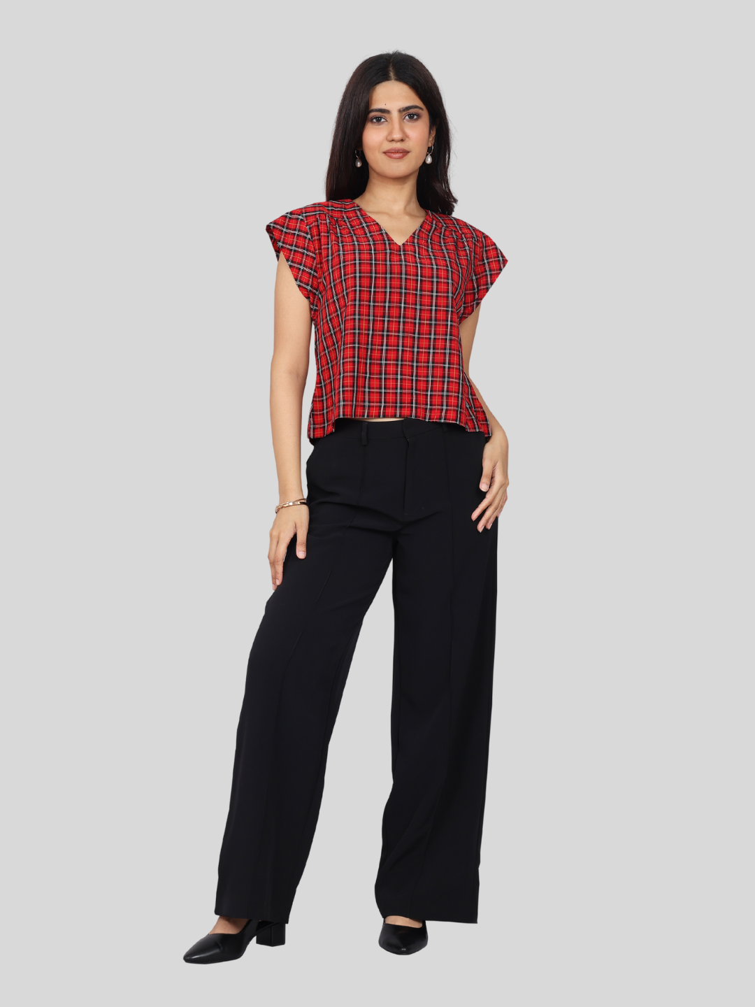 Women’s Red Checks Regular Fit V-Neck Top