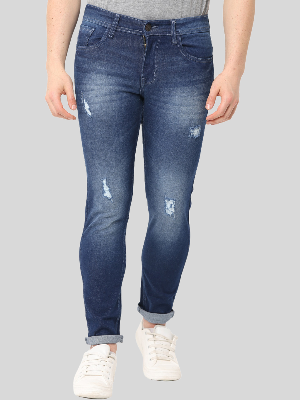 Men's Dark Blue Stone Wash Distressed Denim Jeans