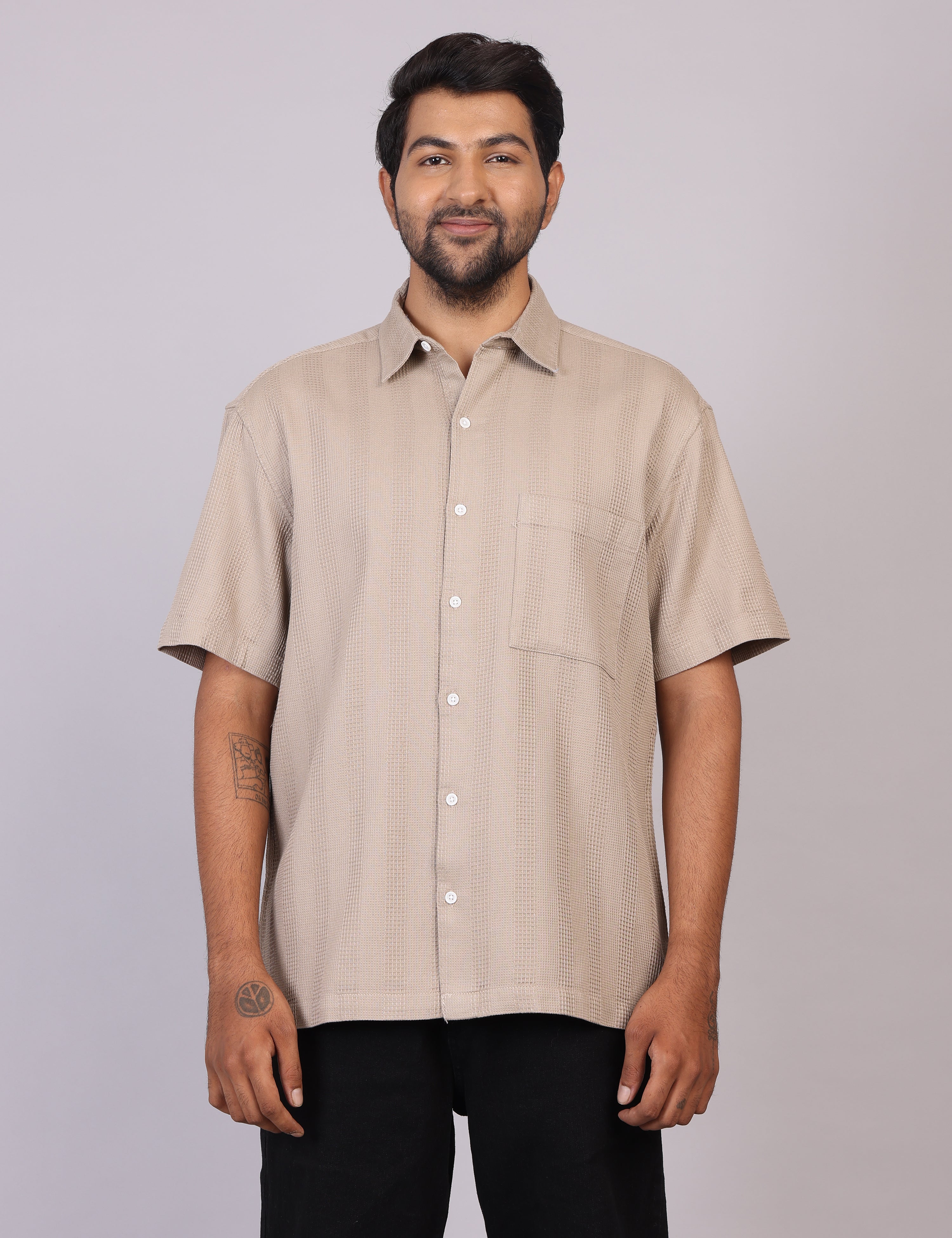 Men’s Beige Solid Oversized Shirt – Relaxed Fit | 100% Cotton
