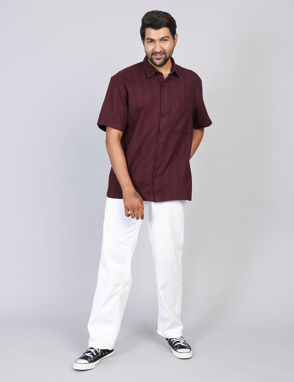 Men’s Maroon Solid Oversized Shirt – Relaxed Fit | 100% Cotton